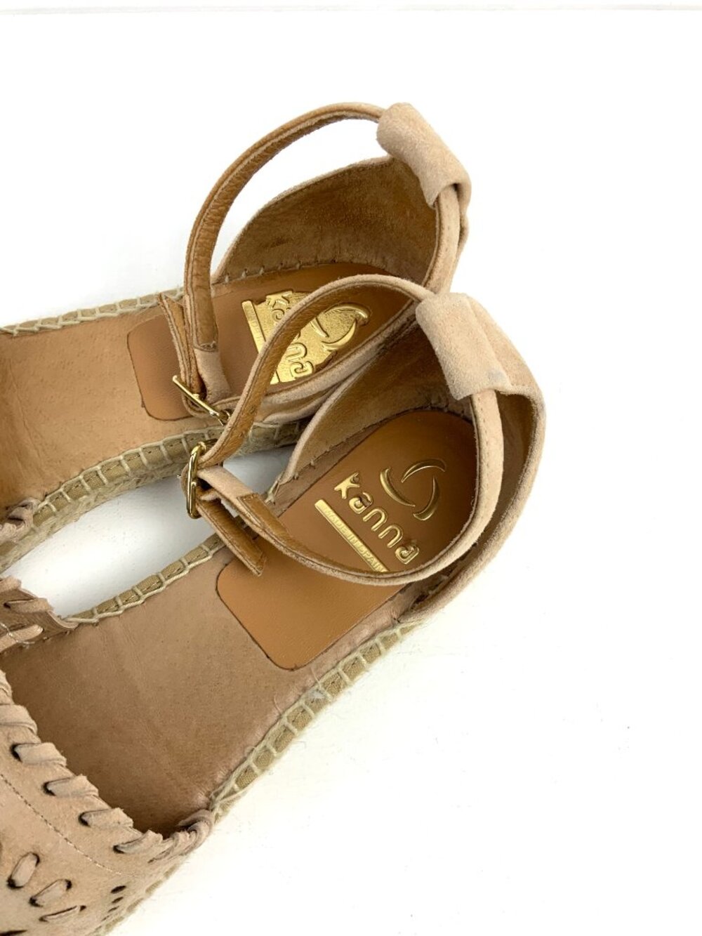 Kanna Flat Closed Toe Tan/Blush Nutbuck Laser Cut Ankle Strap Espadrilles Sz 39 - Picture 5 of 16